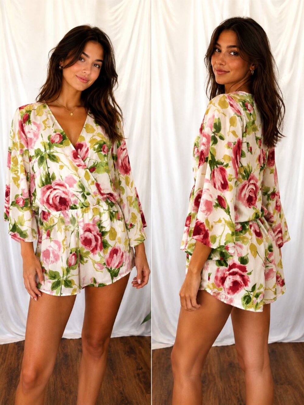 Olivaceous Floral Wrap Romper‎ | Size M | Watercolor Rose Print | A-1815
